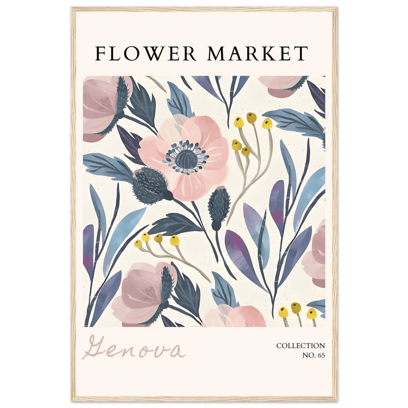 Flower Market 'Genova' Framed Poster – Blush & Indigo Floral Art Print | Ready-to-Hang Botanical Decor - Vibrantwalls