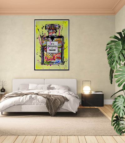 Coco Chanel No. 5 Graffiti Art Print - Vibrant Street Style Perfume Bottle Framed Wall Art - Vibrantwalls