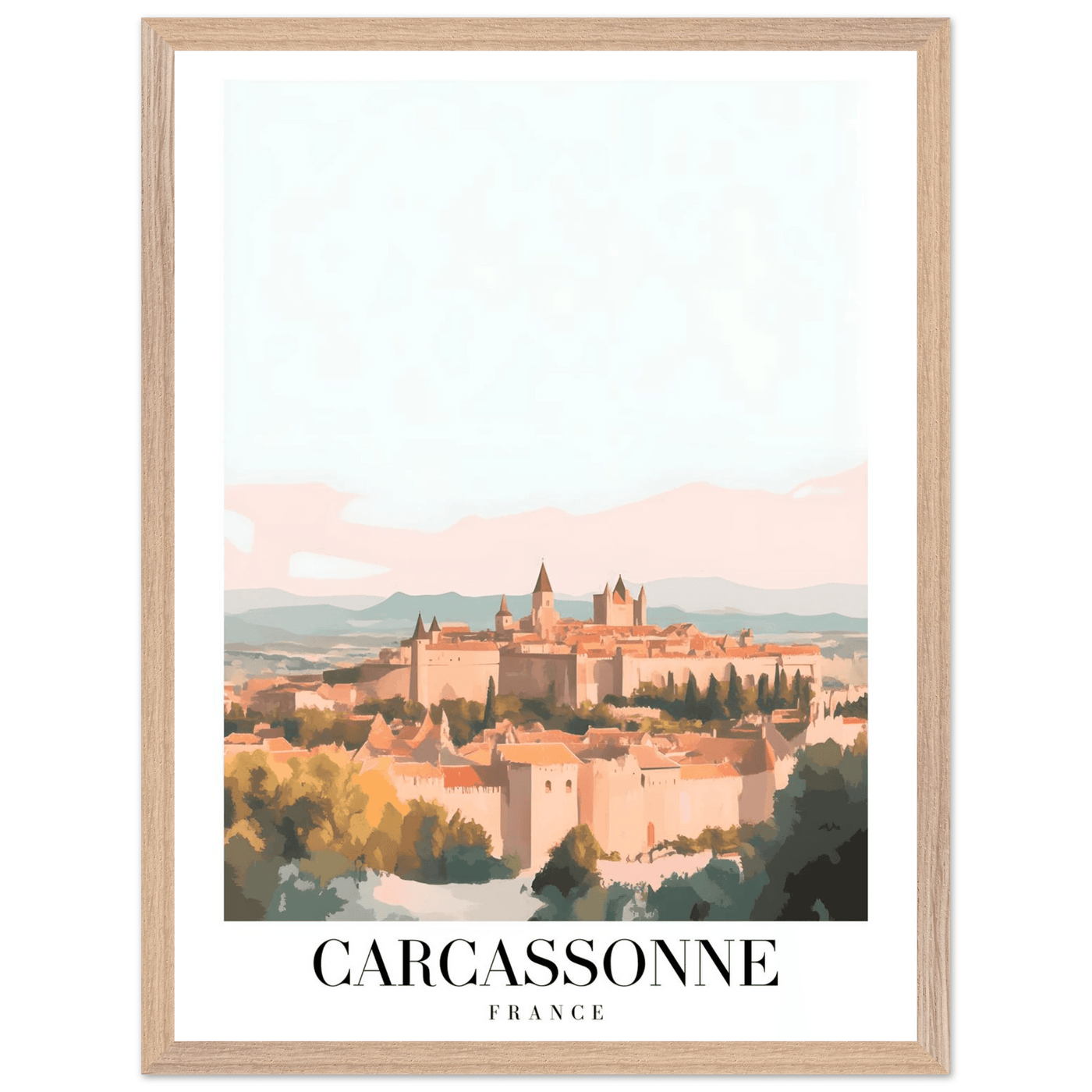 Carcassonne France Framed Poster – Vintage Travel Wall Art in Pastel Hues & Wooden Frame - Vibrantwalls