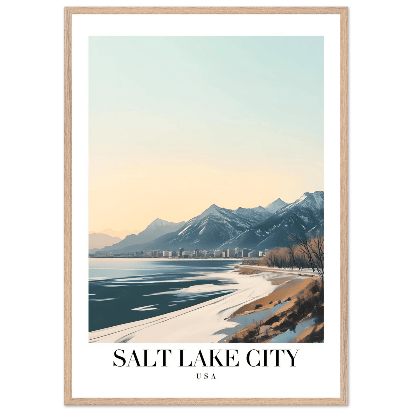 Salt Lake City Framed Poster – Modern Winter Landscape Art with Wood Frame - Vibrantwalls