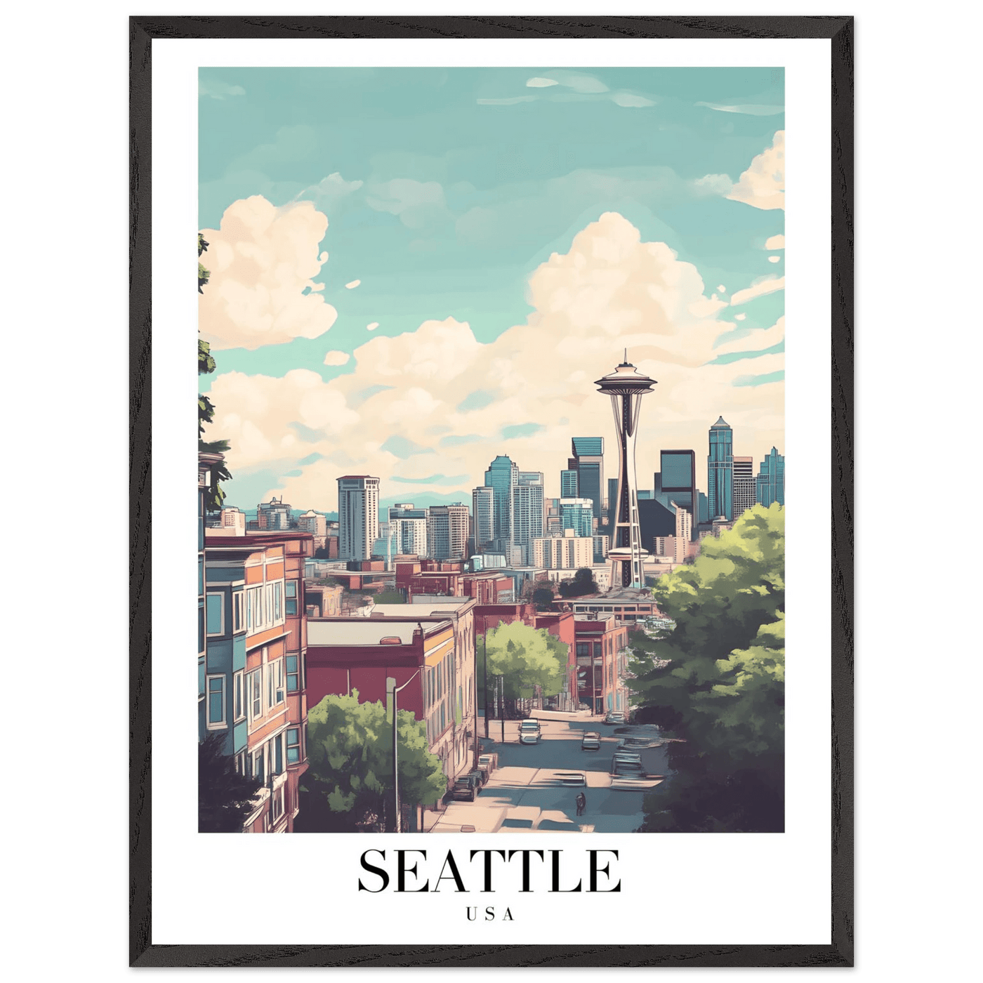 Seattle USA Framed Poster – Charming Watercolor Cityscape Wall Art with Wooden Frame - Vibrantwalls