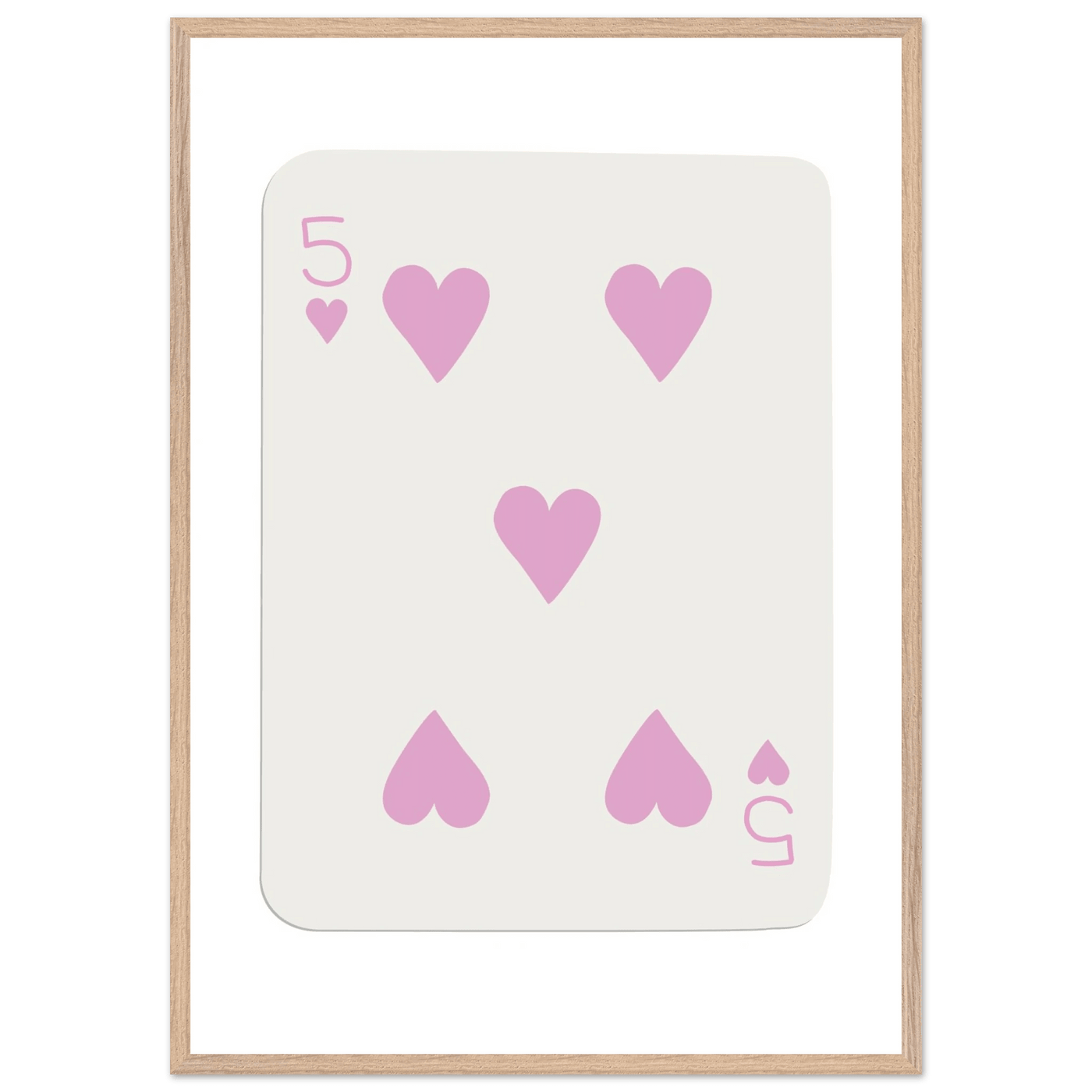 Five of Hearts Poker Card Print - Soft Pink Framed Poster Art, Eco-Friendly Wood Frame - Vibrantwalls