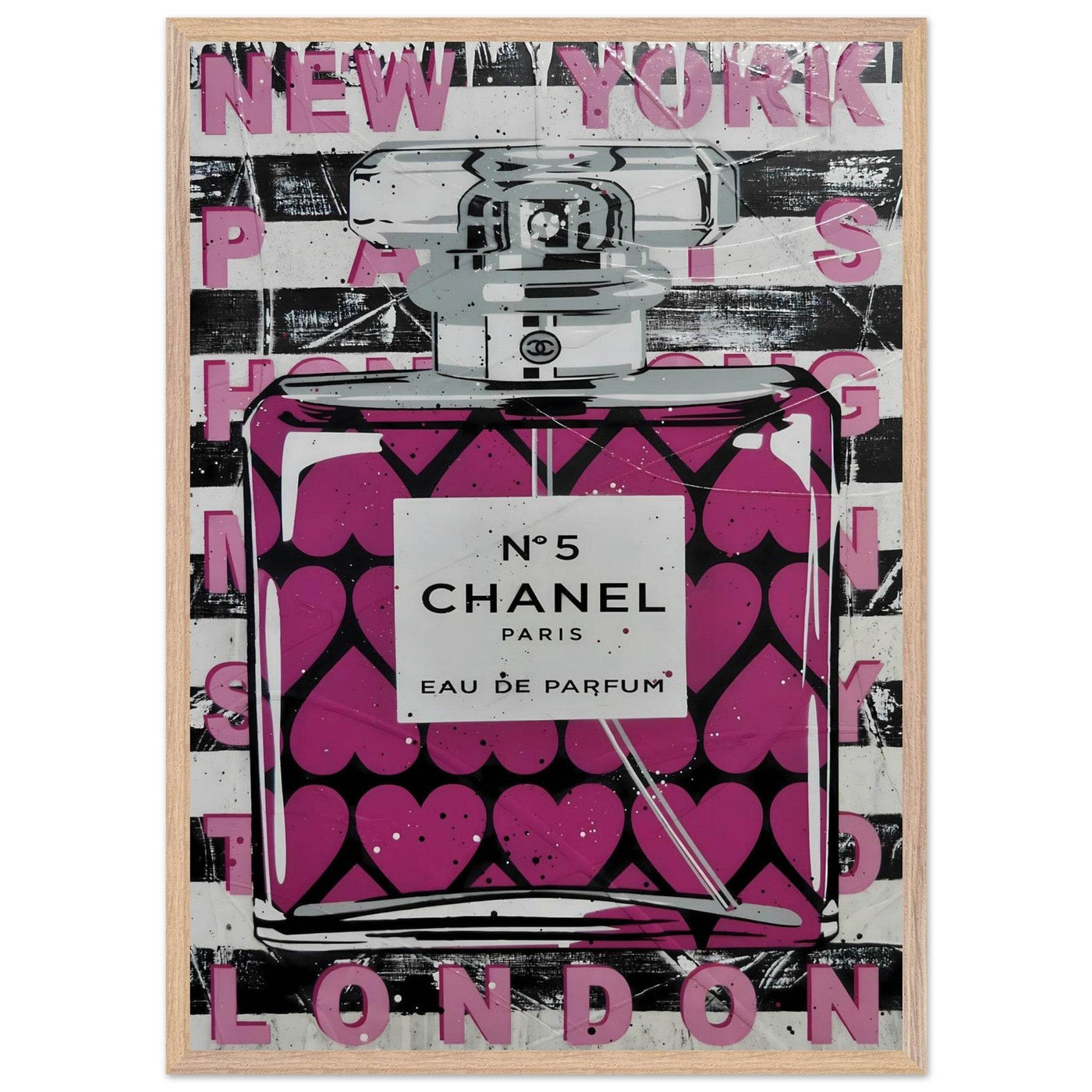 Chanel No. 5 Pink Hearts Pop Art Print in Premium Mounted Frame - Vibrantwalls
