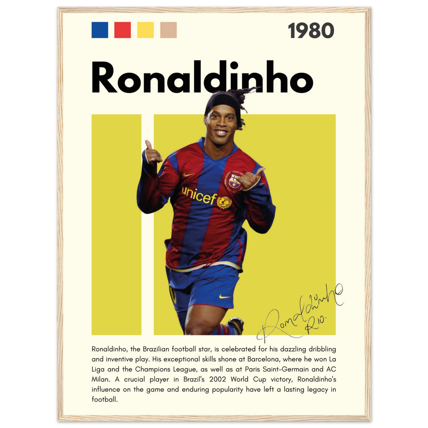 Ronaldinho Barcelona Football Legend Framed Brazil Poster 60x80 cm 24x32″ Wood frame Vibrantwalls