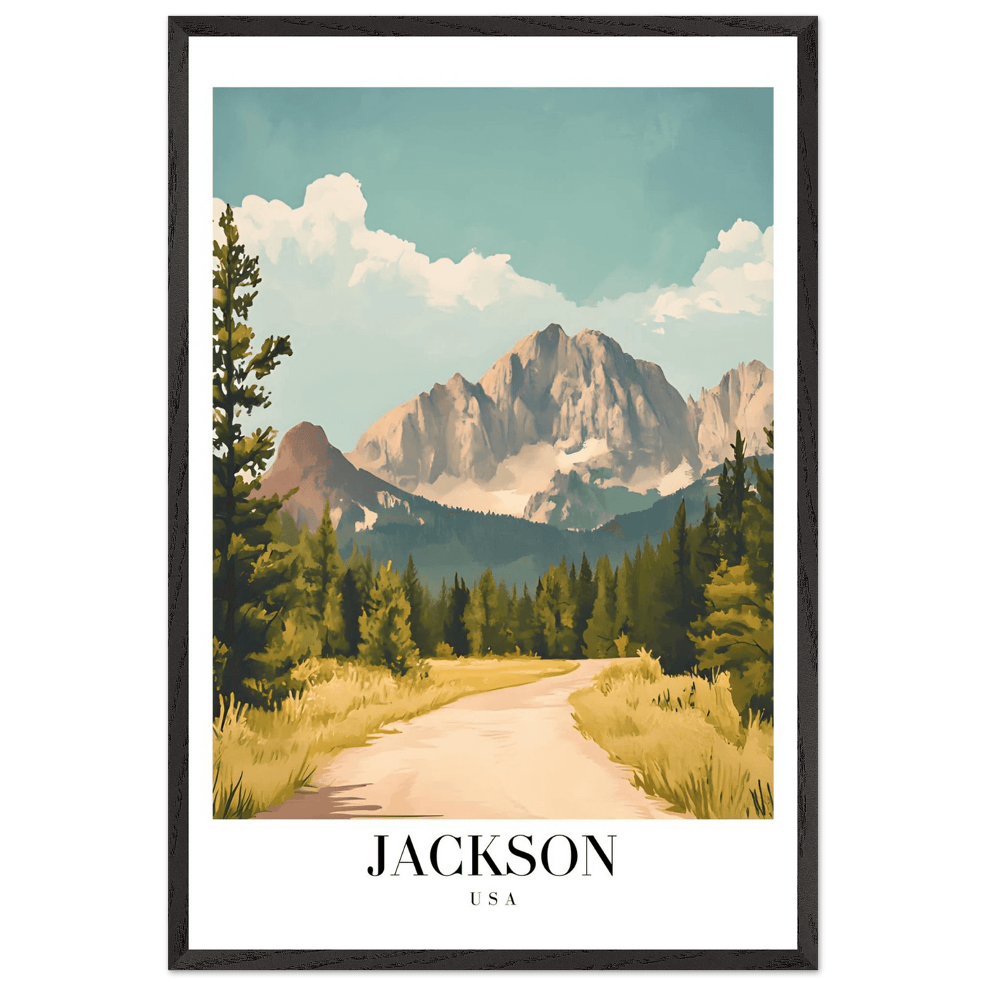 Jackson USA Mountain Landscape Framed Poster – Vintage Travel Wall Art with Wooden Frame - Vibrantwalls