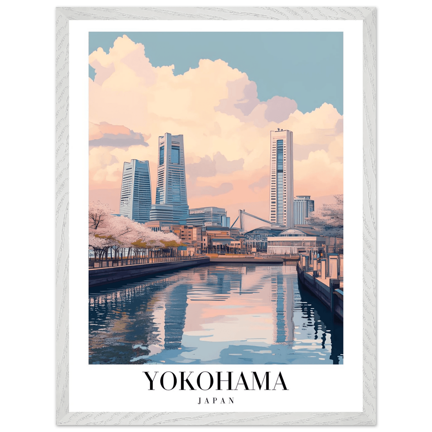 Yokohama Japan Framed Poster – Serene Pastel Cityscape Wall Art with Wooden Frame - Vibrantwalls