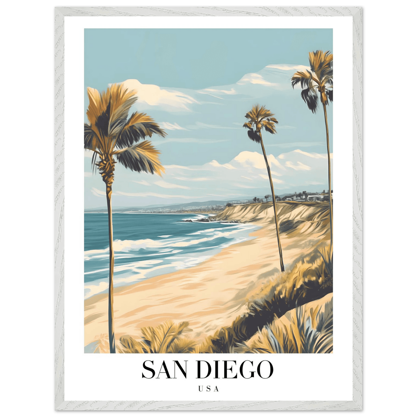 San Diego USA Framed Poster – Vintage Beach Travel Wall Art with Wooden Frame in Your Choice of Size and Finish - Vibrantwalls