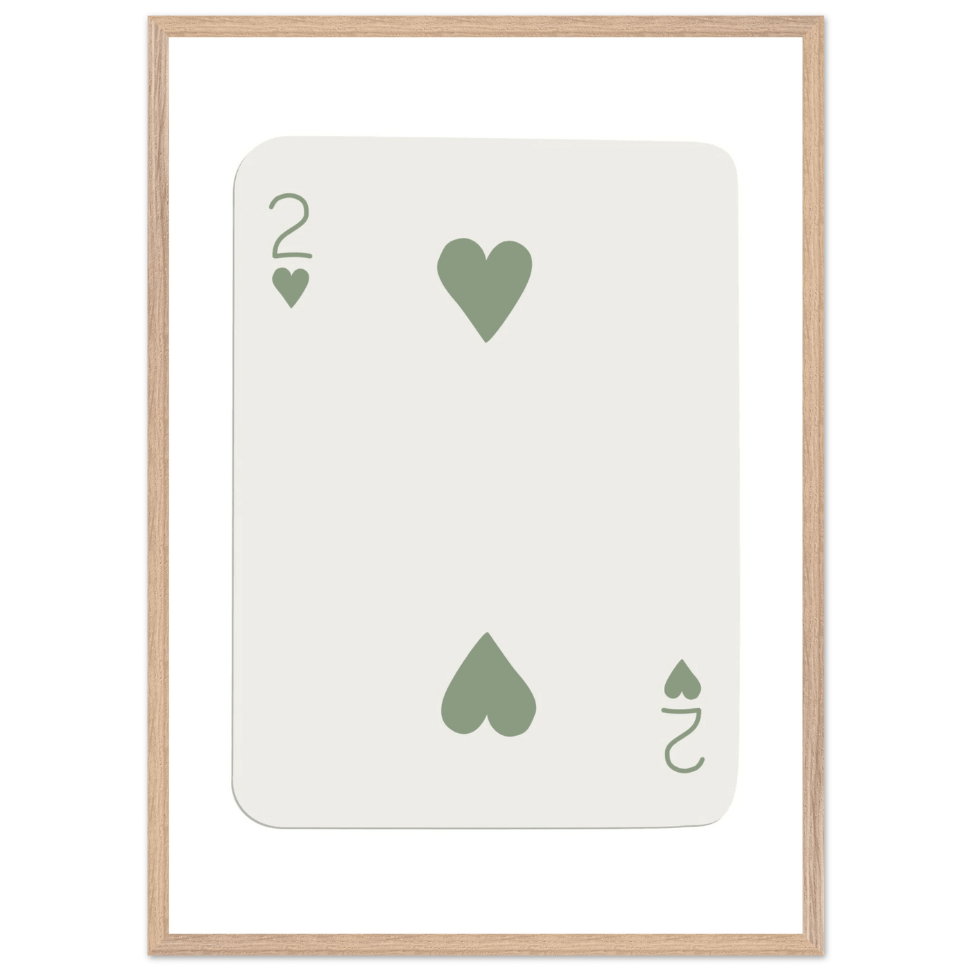 Minimalist Two of Hearts Poker Card Print - Sage Green & Cream Framed Art for Modern Decor, Eco Wood Frame - Vibrantwalls