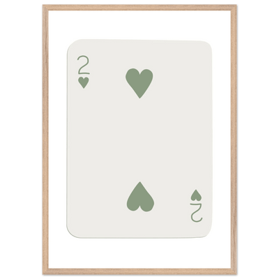 Minimalist Two of Hearts Poker Card Print - Sage Green & Cream Framed Art for Modern Decor, Eco Wood Frame - Vibrantwalls