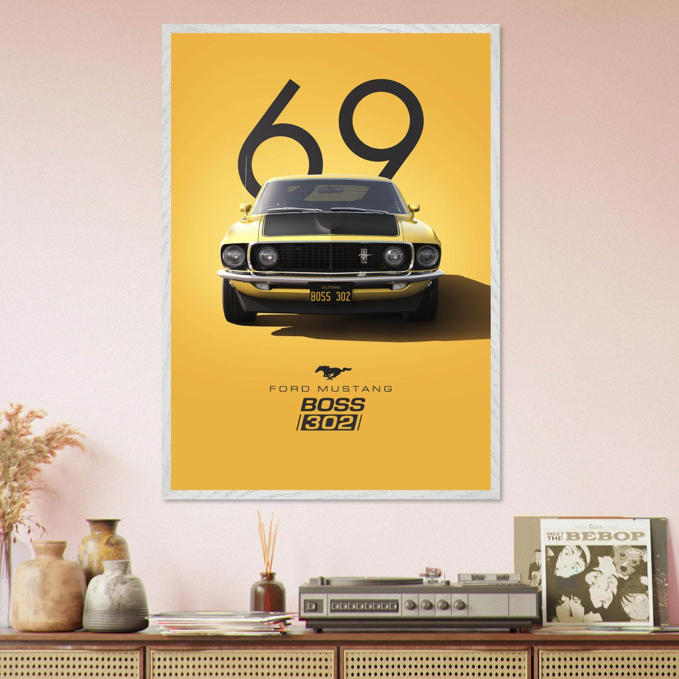 1969 Ford Mustang Boss 302 '69 - Iconic Yellow Framed Poster | Ready-to-Hang, Premium Art Print - Vibrantwalls