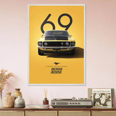 1969 Ford Mustang Boss 302 '69 - Iconic Yellow Framed Poster | Ready-to-Hang, Premium Art Print - Vibrantwalls