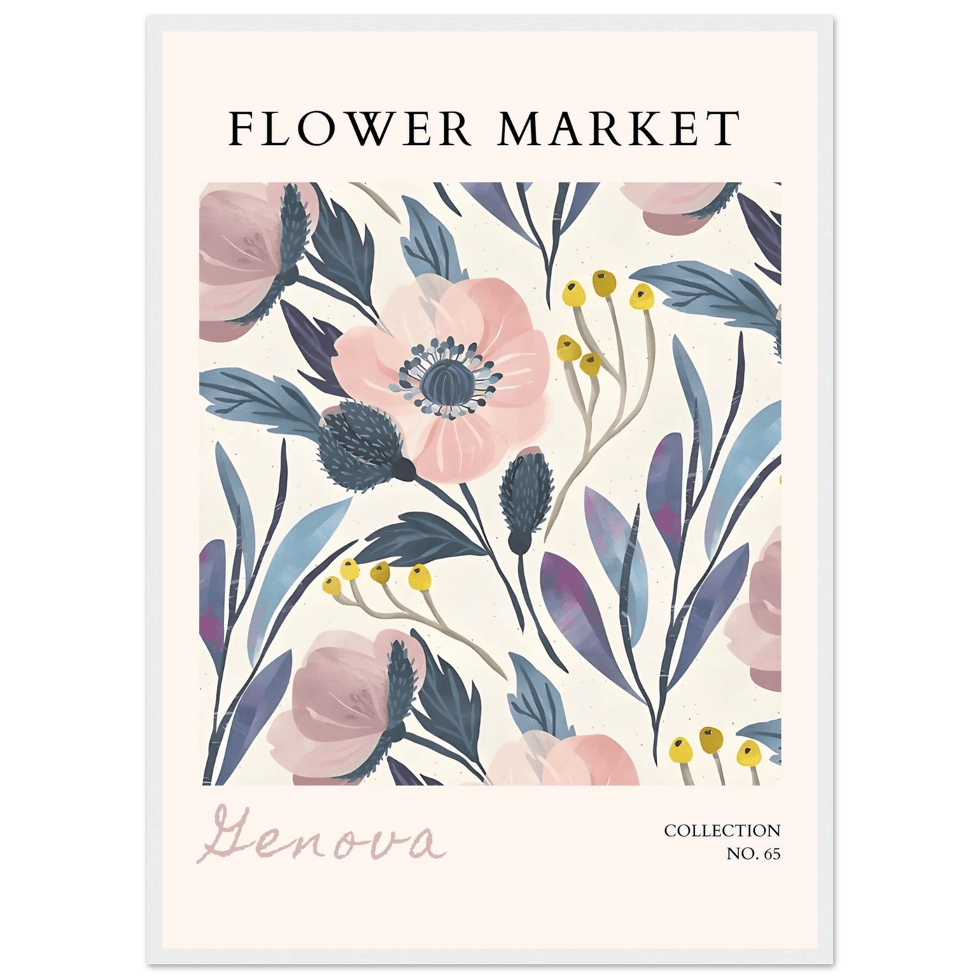 Flower Market 'Genova' Framed Poster – Blush & Indigo Floral Art Print | Ready-to-Hang Botanical Decor - Vibrantwalls