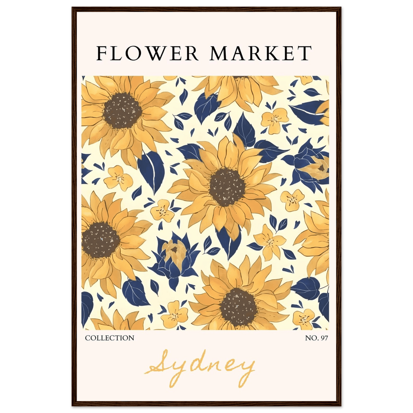 Vibrant Sunflower & Navy Floral Framed Poster – 'Flower Market Sydney' Collection | Ready-to-Hang Wall Art - Vibrantwalls
