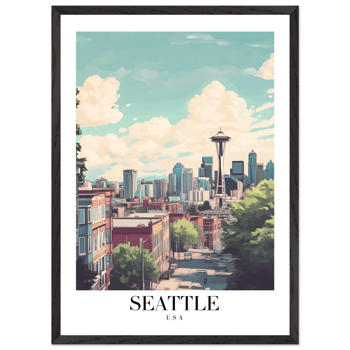 Seattle USA Framed Poster – Charming Watercolor Cityscape Wall Art with Wooden Frame - Vibrantwalls