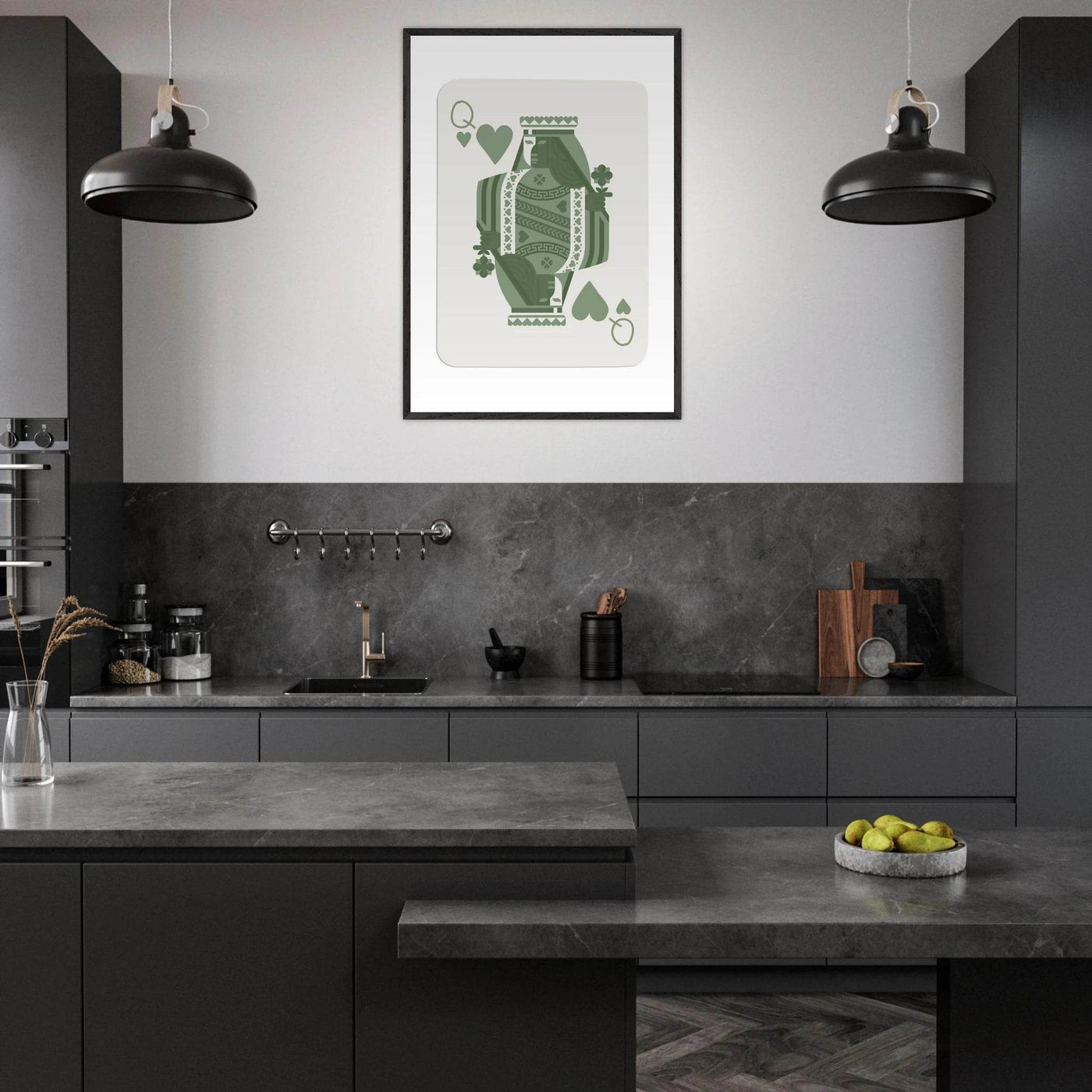 Queen of Spades Poker Card Print - Sage Green Wall Art - Mounted Framed Poster, Eco-Friendly Wood Frame - Vibrantwalls