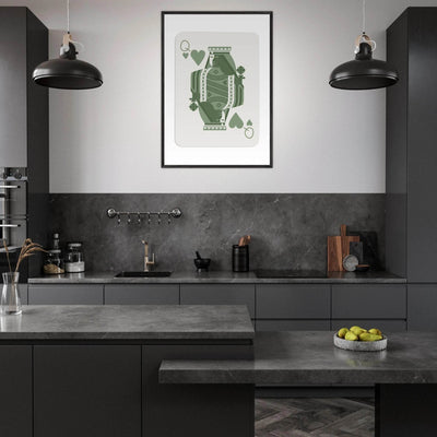 Queen of Spades Poker Card Print - Sage Green Wall Art - Mounted Framed Poster, Eco-Friendly Wood Frame - Vibrantwalls