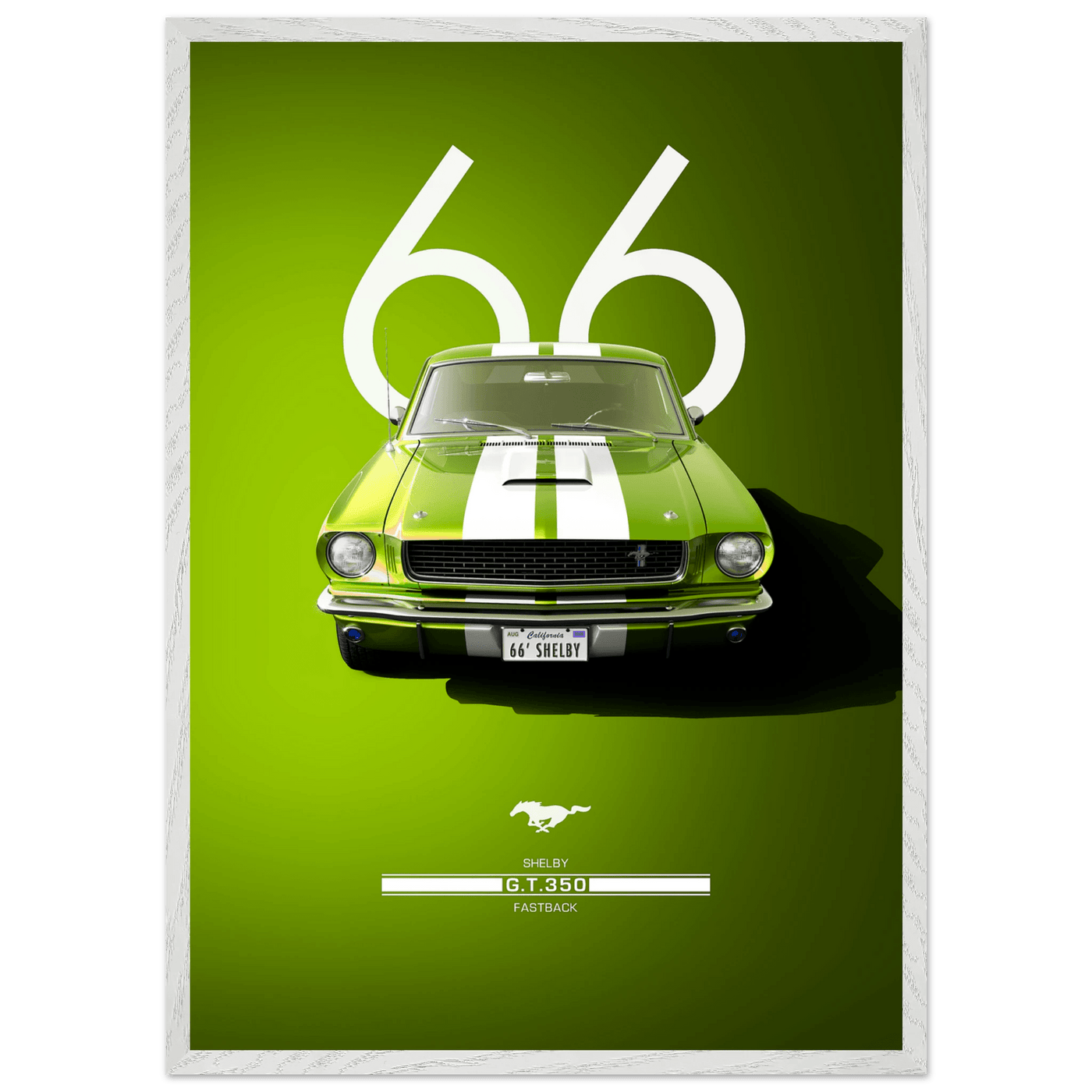 1966 Shelby GT350 Fastback Poster - Iconic Green & White Racing Stripes | Premium Framed Art, Ready-to-Hang - Vibrantwalls