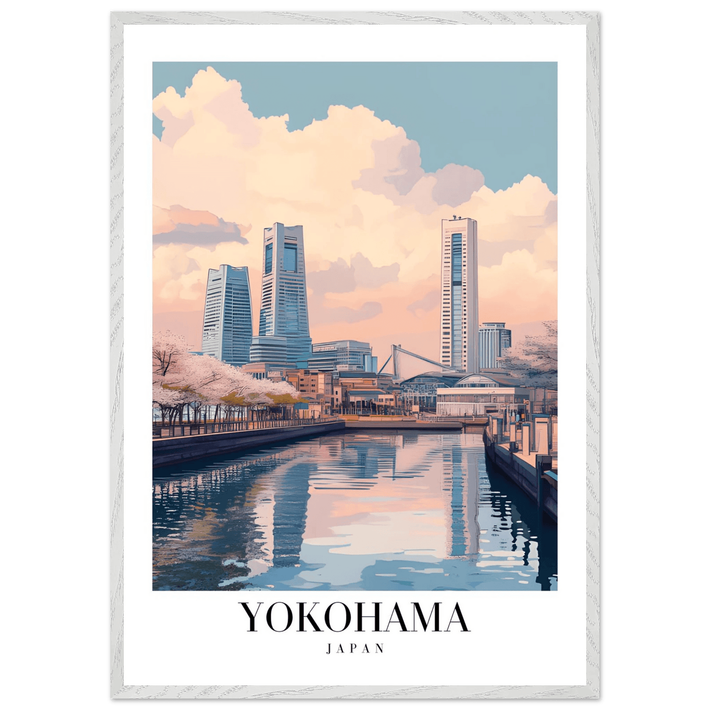 Yokohama Japan Framed Poster – Serene Pastel Cityscape Wall Art with Wooden Frame - Vibrantwalls