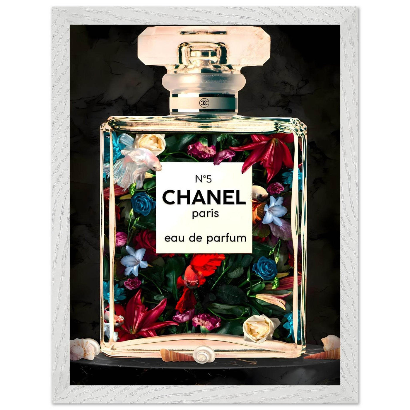 Chanel No. 5 Floral Fantasy Framed Art Print: A Timeless Blend of Iconic Fragrance and Vibrant Botanicals - Vibrantwalls