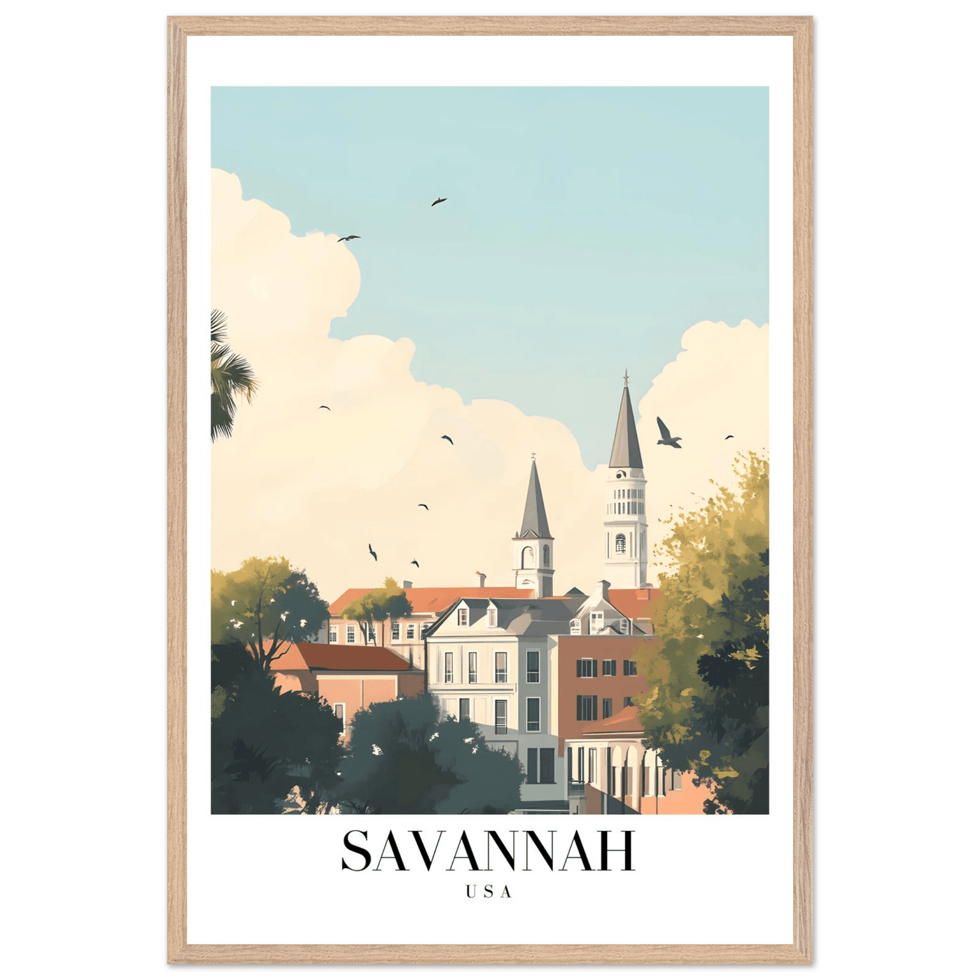 Savannah USA Framed Poster – Charming Cityscape Art with Wooden Frame - Vibrantwalls