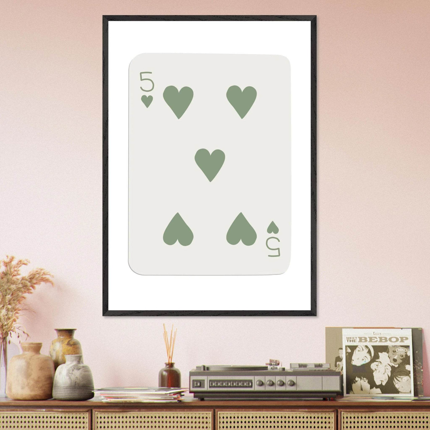 Five of Hearts Poker Card Print - Sage Green Aesthetic Framed Art, Eco-Friendly Wood Frame in Multiple Sizes - Vibrantwalls