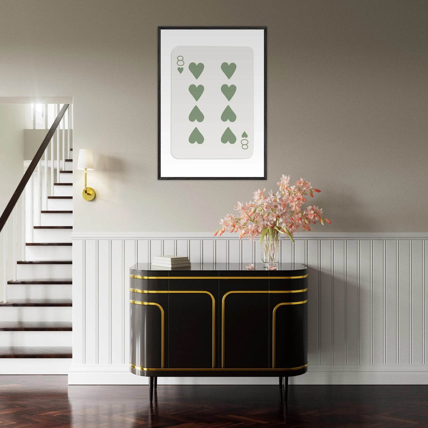Minimalist Eight of Hearts Poker Card Print - Mounted Framed Poster Art, Eco-Friendly Wood Frame in Sage Green - Vibrantwalls