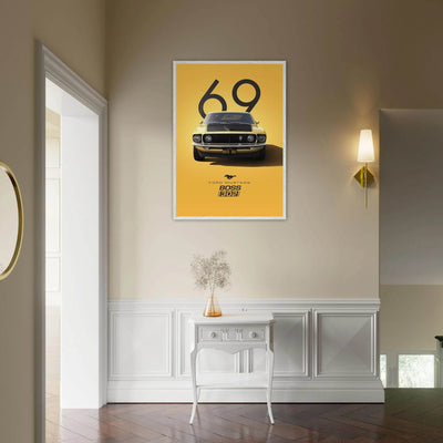 1969 Ford Mustang Boss 302 '69 - Iconic Yellow Framed Poster | Ready-to-Hang, Premium Art Print - Vibrantwalls