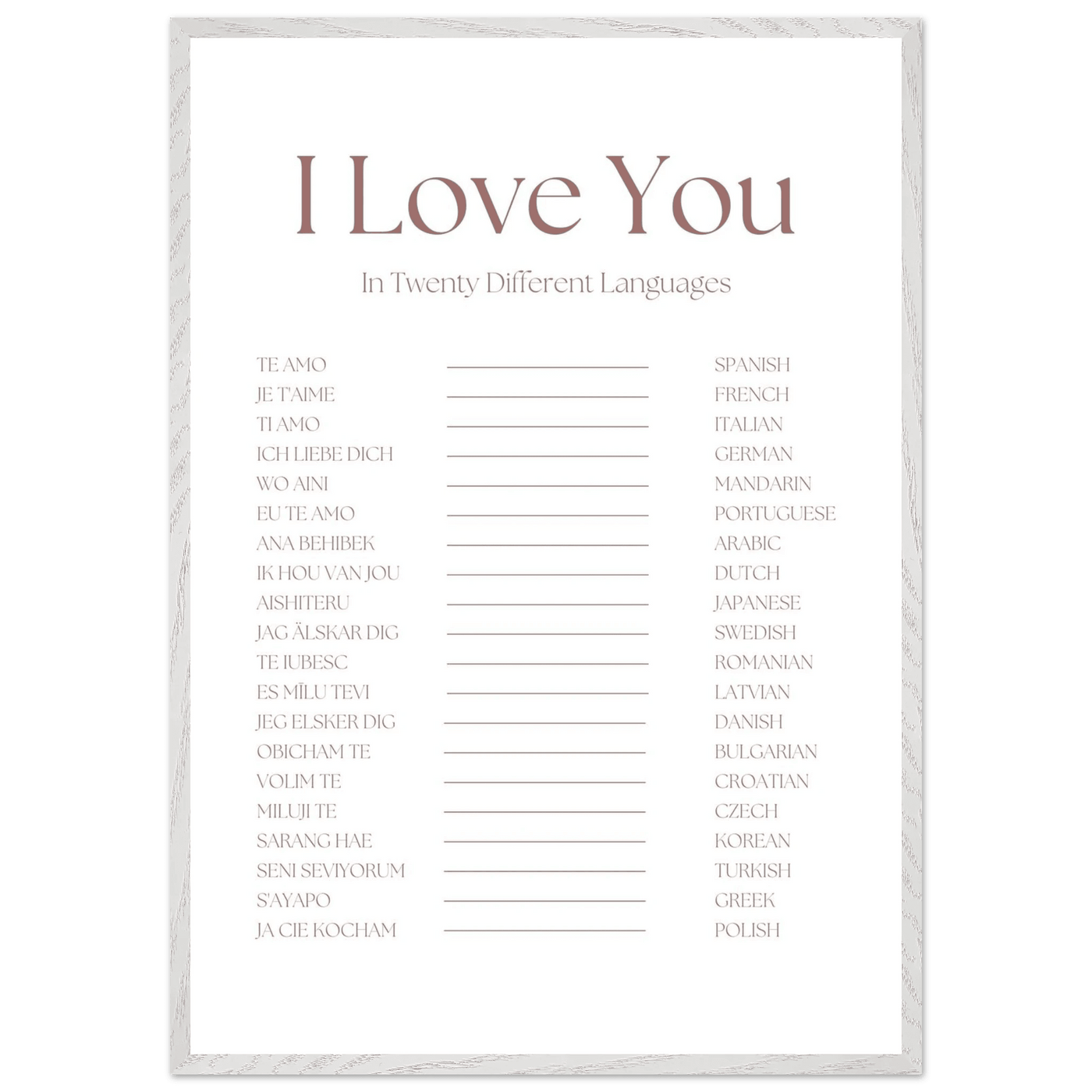 I Love You in 20 Languages - Mounted Framed Art Print, Eco-Friendly Wood Frame in Your Choice of Style - Vibrantwalls