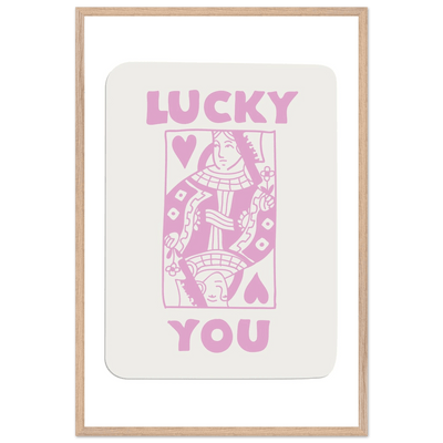Lucky You Poker Card Art Print - Queen of Hearts Framed Poster, Pink & Cream Aesthetic Decor - Vibrantwalls