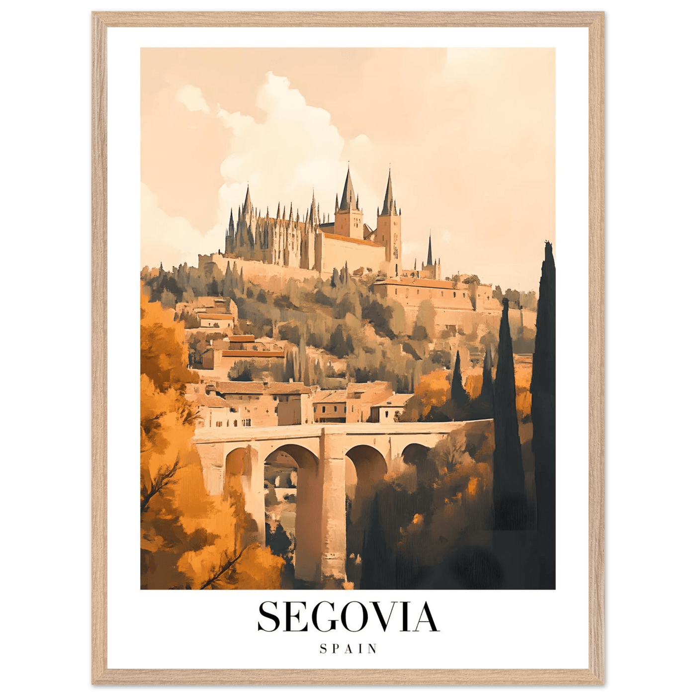 Segovia Spain Framed Poster – Vintage Travel Art with Warm Hues & Wooden Frame - Vibrantwalls