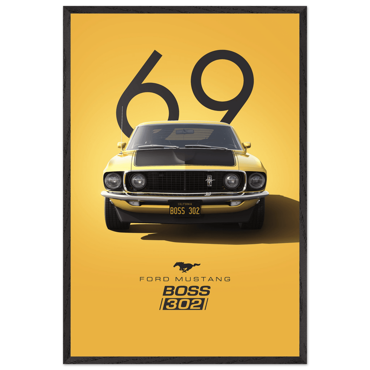 1969 Ford Mustang Boss 302 '69 - Iconic Yellow Framed Poster | Ready-to-Hang, Premium Art Print - Vibrantwalls