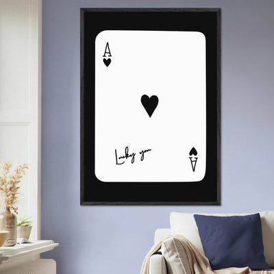 Ace of Hearts 'Lucky You' Framed Poker Card Art - Modern Black & White Print, Eco-Friendly Wood Frame - Vibrantwalls