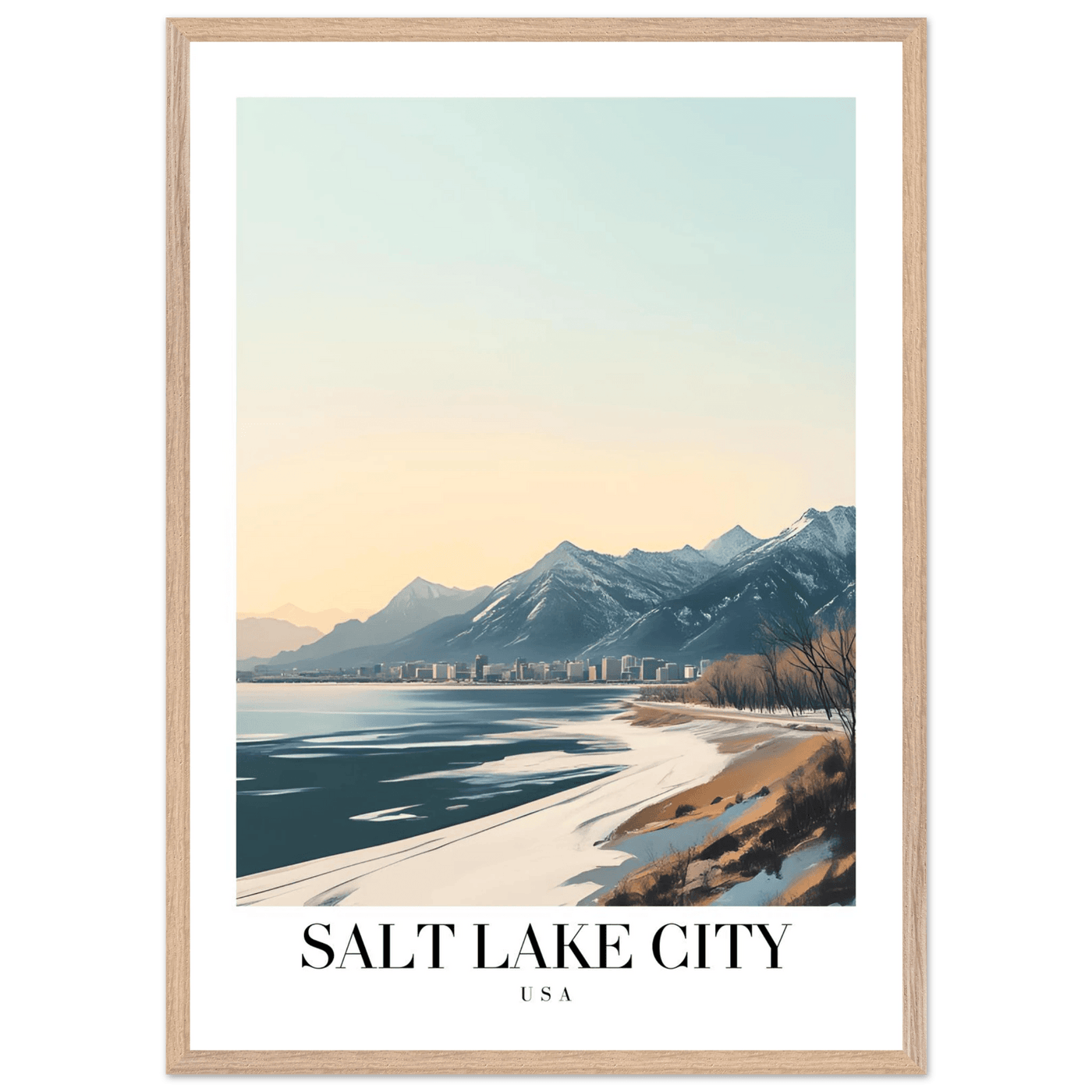 Salt Lake City Framed Poster – Modern Winter Landscape Art with Wood Frame - Vibrantwalls