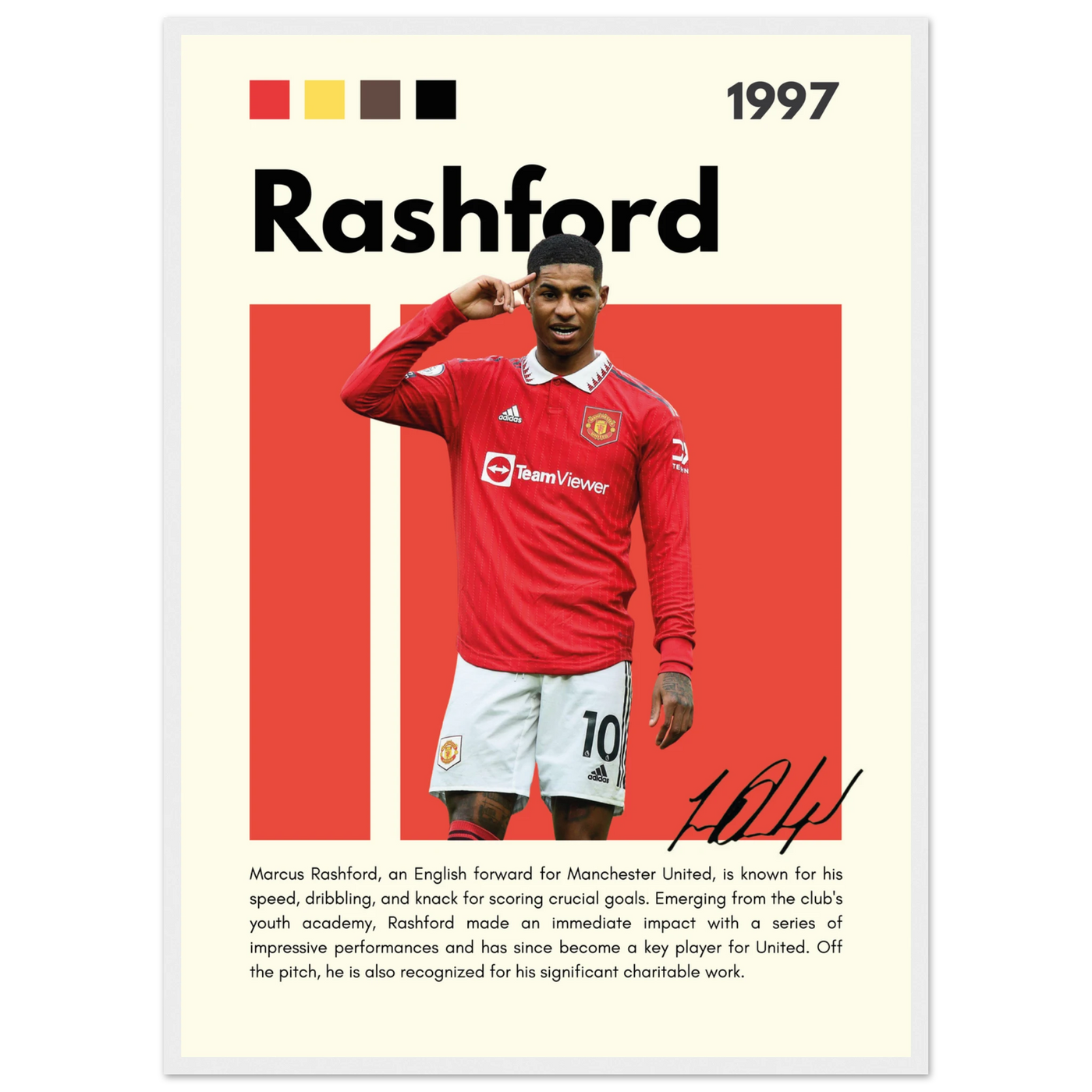 Marcus Rashford Manchester United Soccer Framed Poster – Iconic Red Devil Art Print 50x70 cm 20x28″ White frame Vibrantwalls