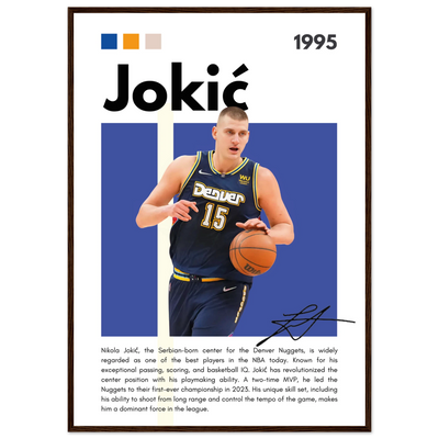 Nikola Jokic Joker Nuggets Minimalist Art Print A1 (59.4 x 84.1 cm) Dark wood frame Vibrantwalls