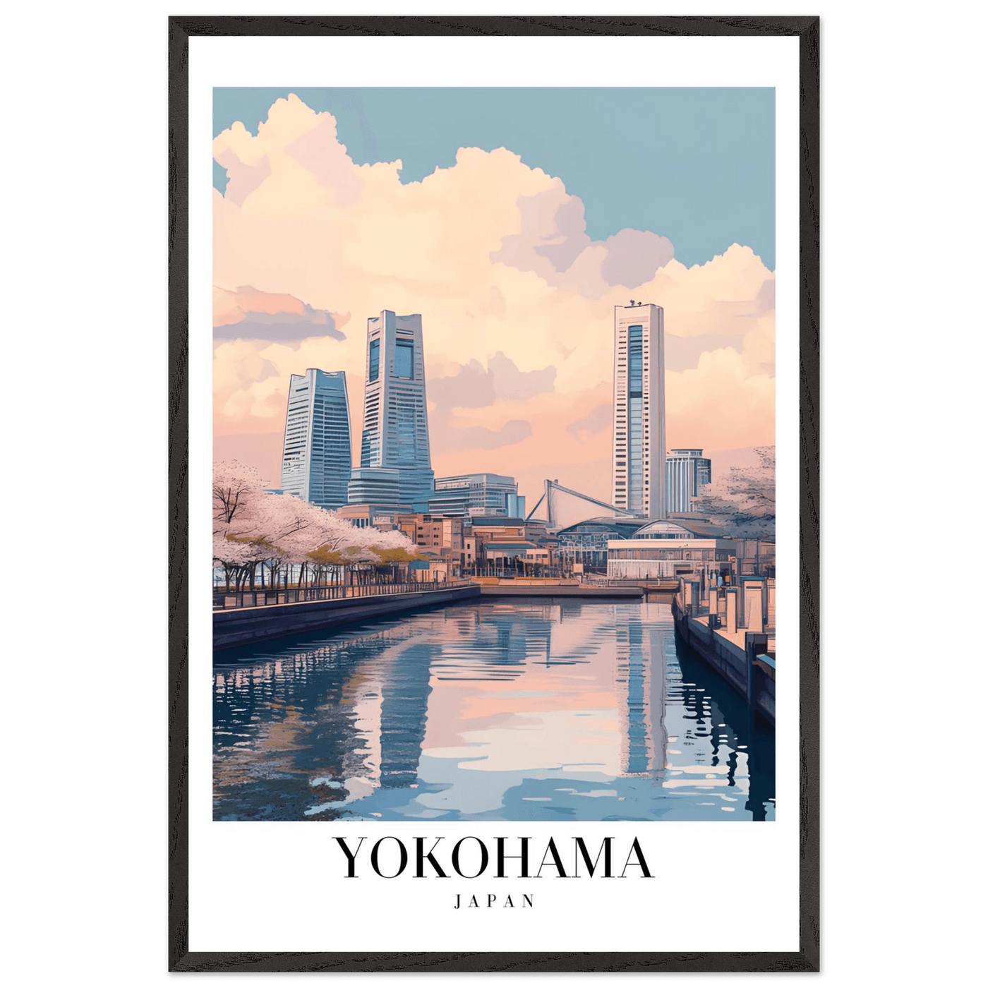 Yokohama Japan Framed Poster – Serene Pastel Cityscape Wall Art with Wooden Frame - Vibrantwalls