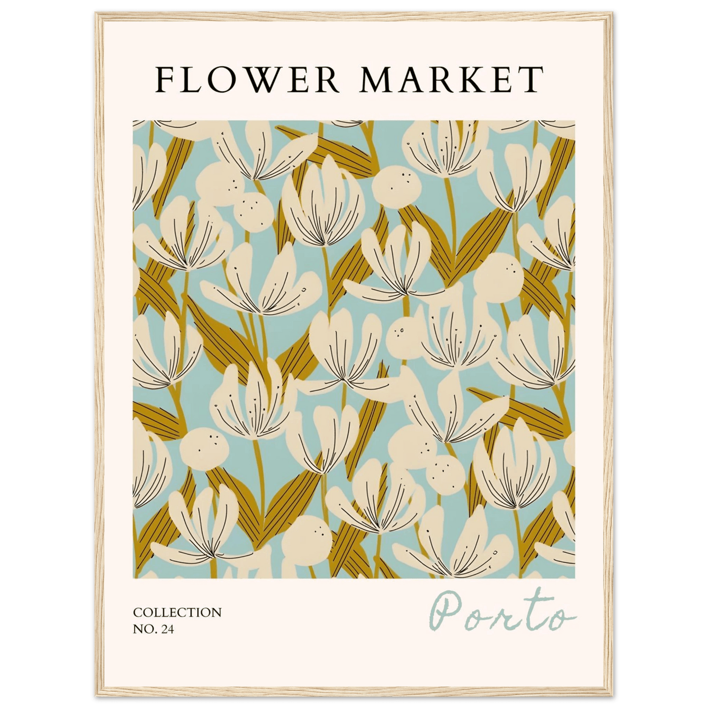 Flower Market Porto Abstract Floral Framed Poster | Calming Blue & Gold Botanical Art Print, Ready-to-Hang - Vibrantwalls
