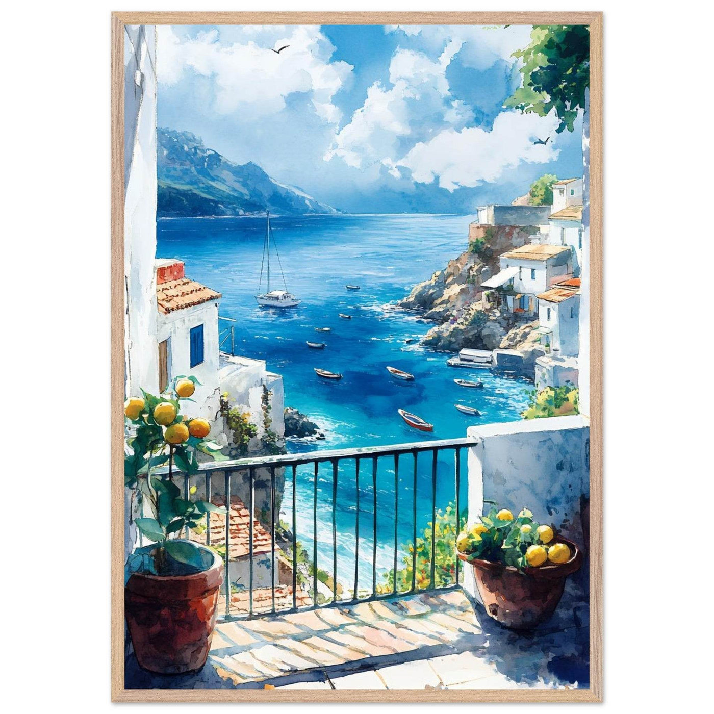 Mediterranean Balcony View Coastal Village Azure - Vibrantwalls