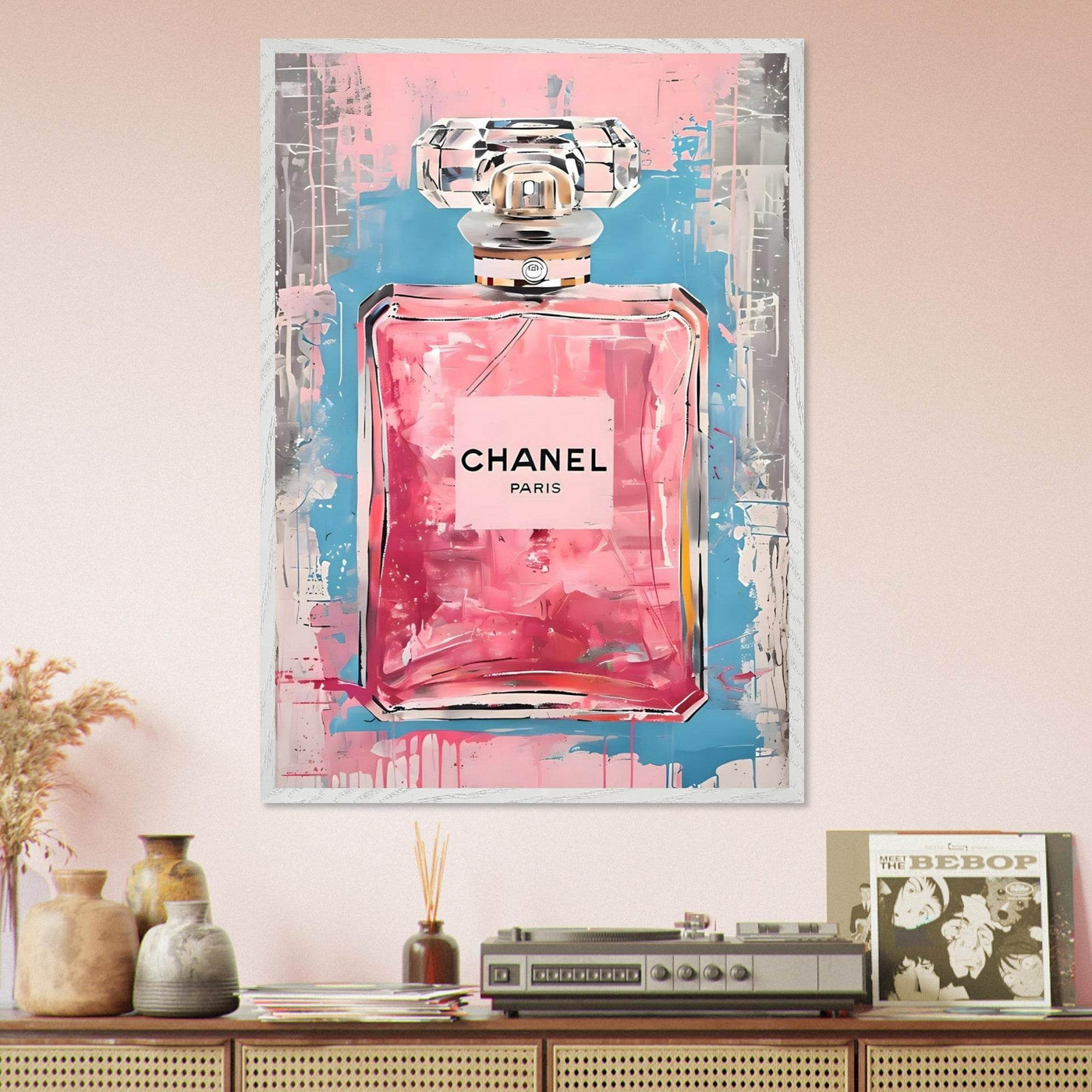Coco Mademoiselle Chanel Art Print - Pink & Blue Pop Art Style Framed Poster - Vibrantwalls