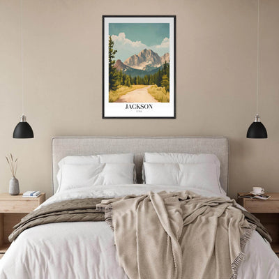 Jackson USA Mountain Landscape Framed Poster – Vintage Travel Wall Art with Wooden Frame - Vibrantwalls