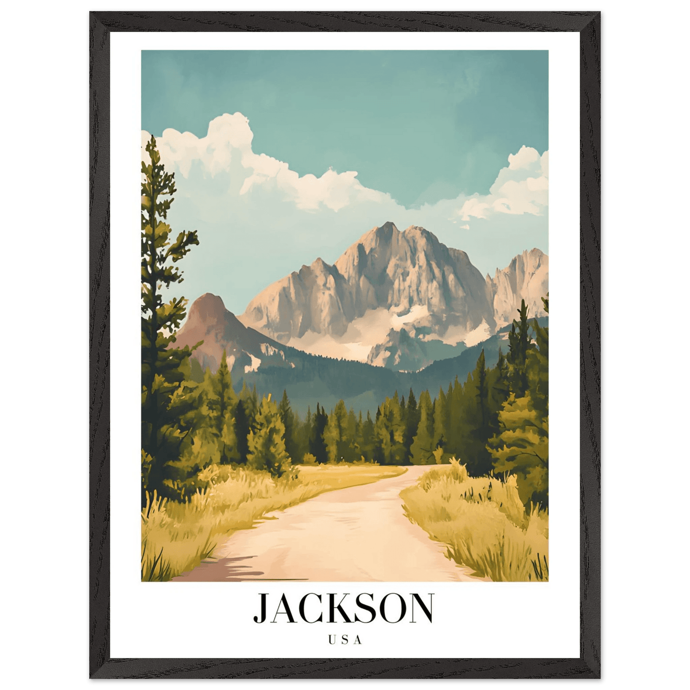 Jackson USA Mountain Landscape Framed Poster – Vintage Travel Wall Art with Wooden Frame - Vibrantwalls