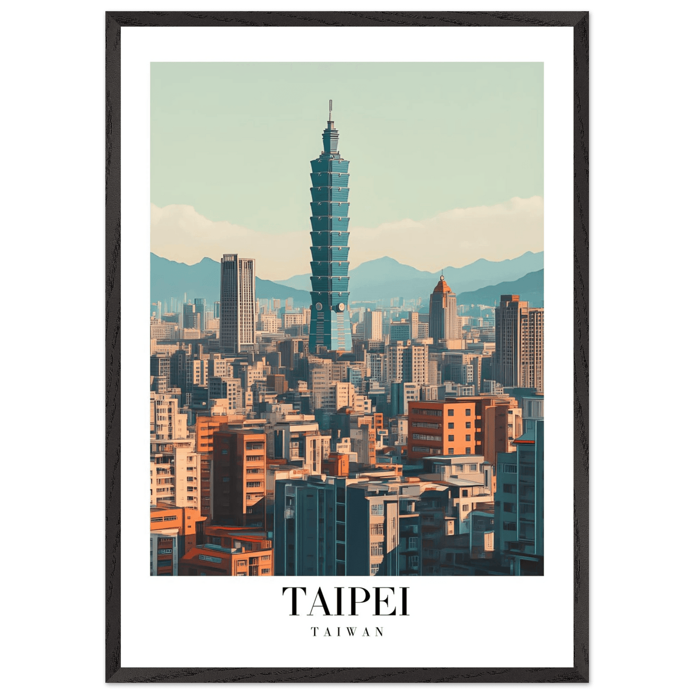 Taipei Taiwan Cityscape Framed Poster – Modern Retro Travel Art with Wooden Frame Options - Vibrantwalls