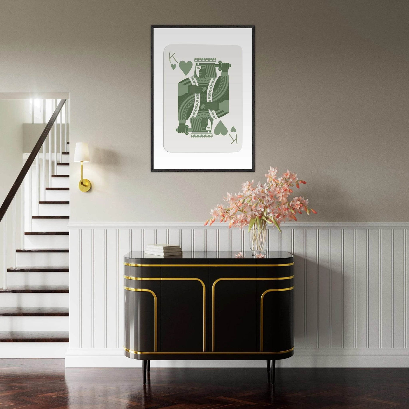 King of Hearts Poker Card Print - Sage Green & White Framed Art, Eco-Friendly Wood Frame - Vibrantwalls