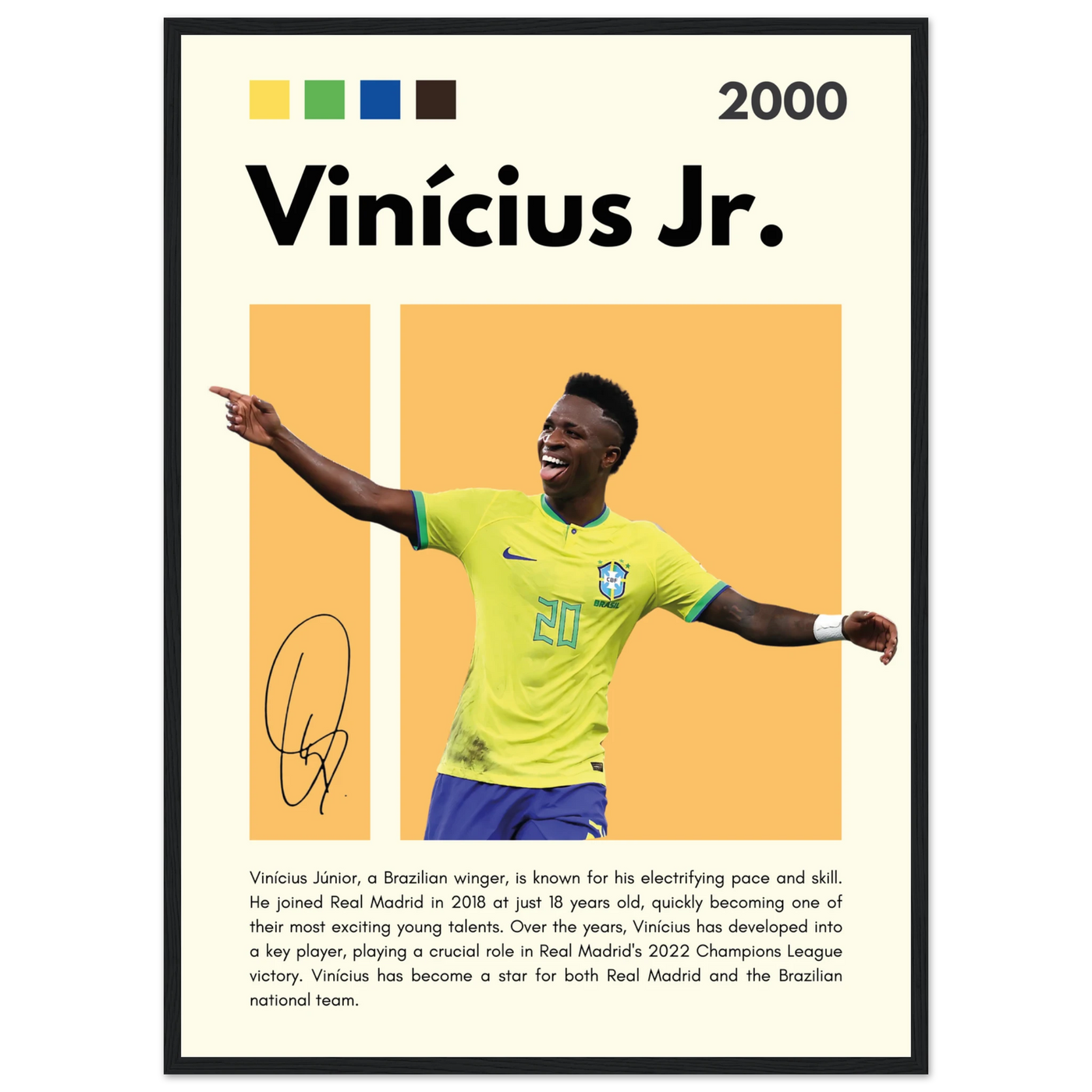 Vinicius Jr. Brazil Soccer Framed Poster – Dynamic Football Legend Art Print in Multiple Sizes & Frame Finishes 50x70 cm 20x28″ Black frame Vibrantwalls