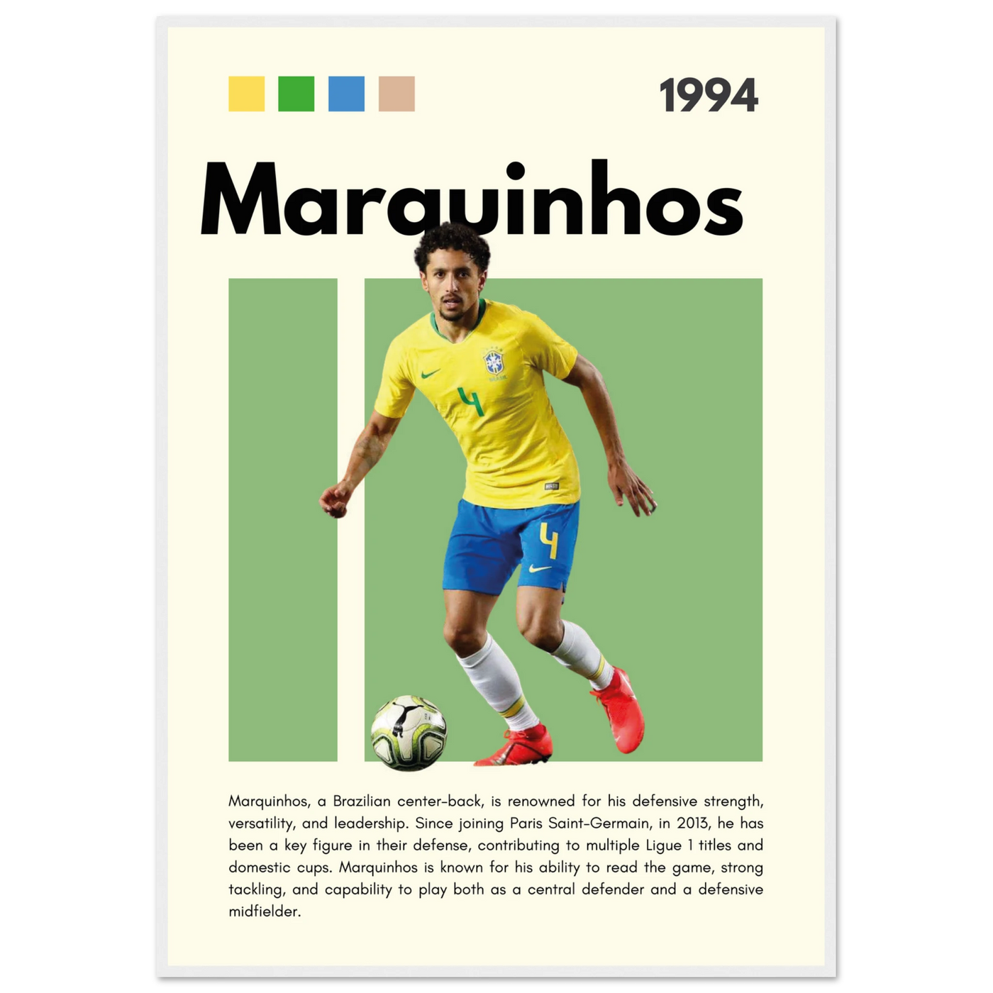 Marquinhos Brazil Football Framed Poster – Iconic Soccer Art Print for Fans 70x100 cm 28x40″ White frame Vibrantwalls