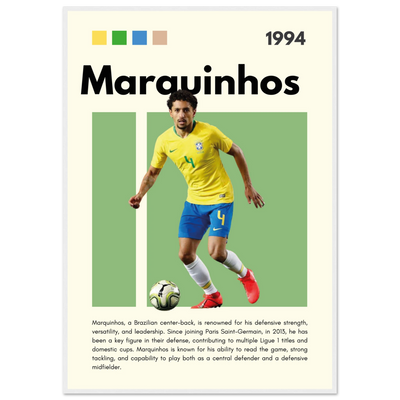 Marquinhos Brazil Football Framed Poster – Iconic Soccer Art Print for Fans 70x100 cm 28x40″ White frame Vibrantwalls