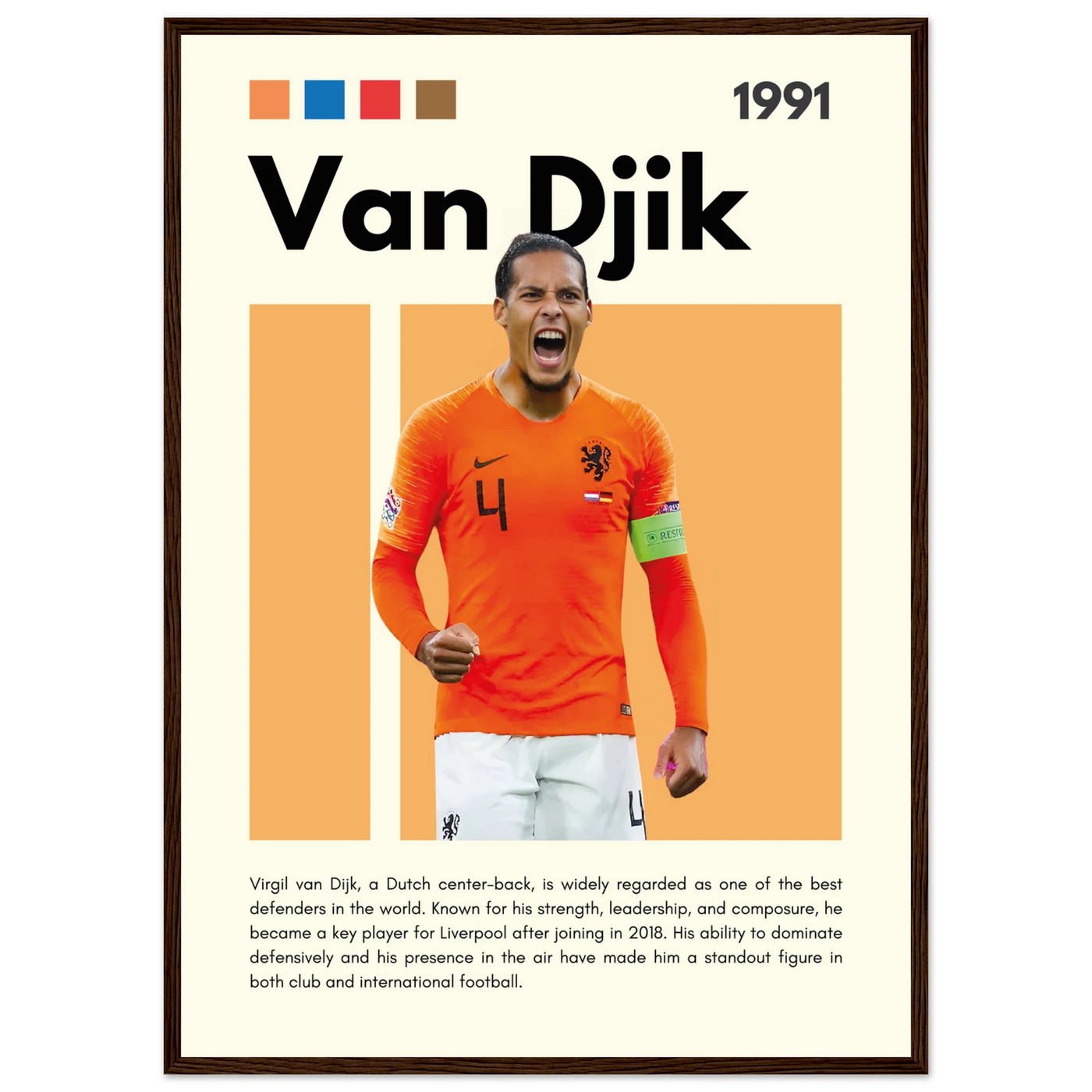 Virgil van Dijk Liverpool/Netherlands Football Framed Poster - Orange & Dynamic Sports Art Print 50x70 cm 20x28″ Dark wood frame Vibrantwalls