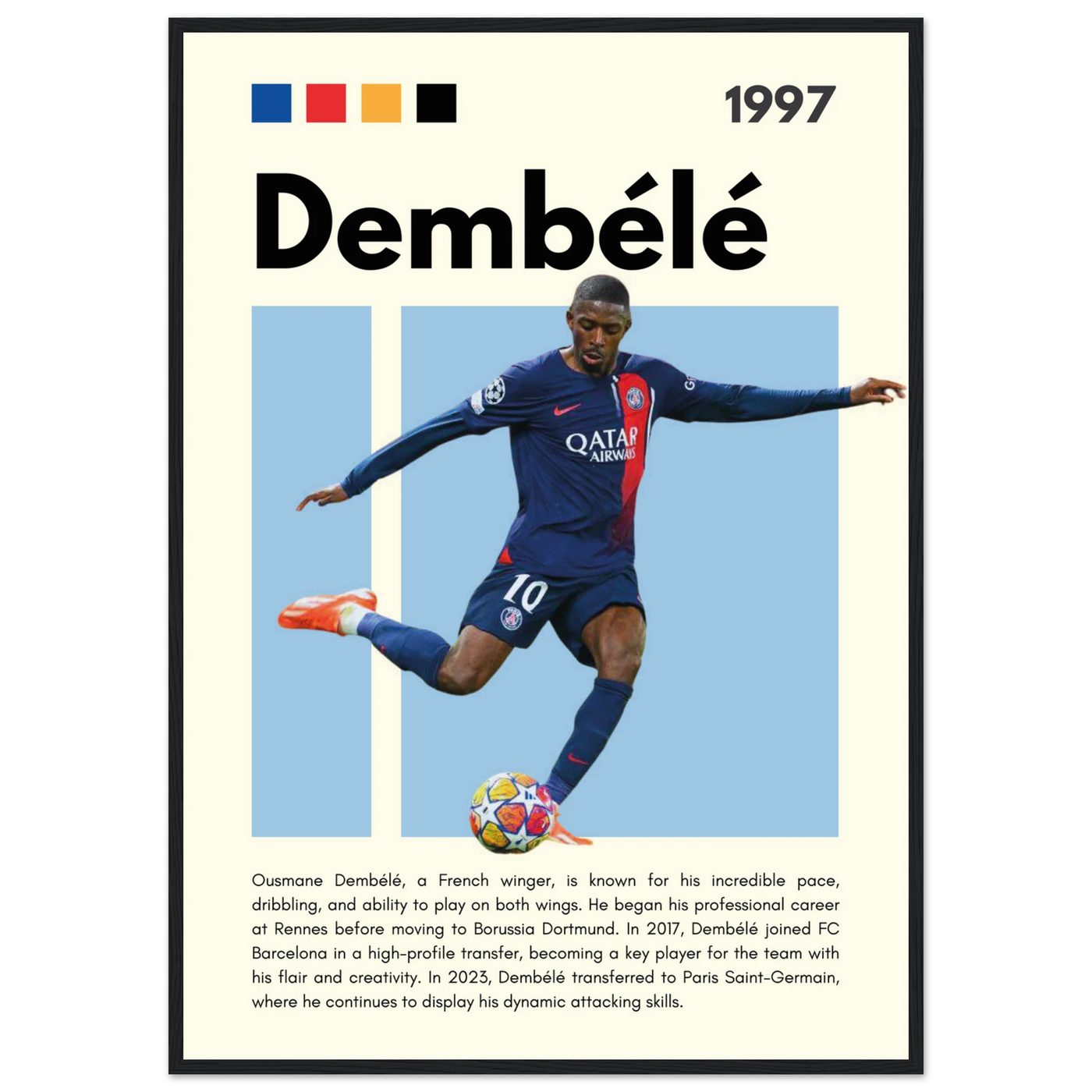 Ousmane Dembélé PSG Soccer Framed Poster – Dynamic Football Art Print in Multiple Sizes & Frame Styles A1 (59.4 x 84.1 cm) Black frame Vibrantwalls