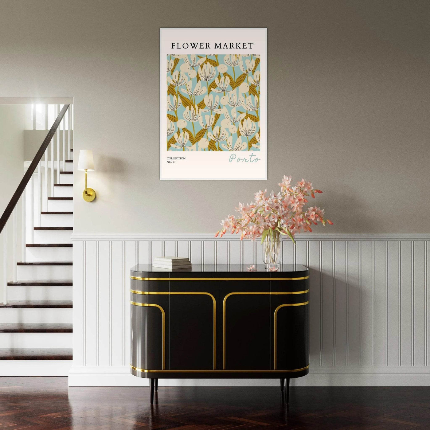 Flower Market Porto Abstract Floral Framed Poster | Calming Blue & Gold Botanical Art Print, Ready-to-Hang - Vibrantwalls