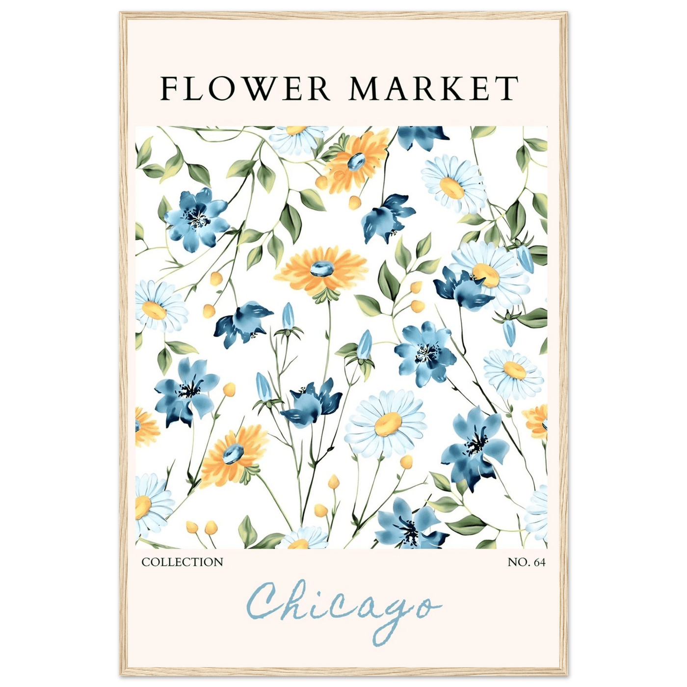 Flower Market Chicago Collection Framed Poster – Whimsical Blue & Yellow Floral Art Print | Ready-to-Hang - Vibrantwalls